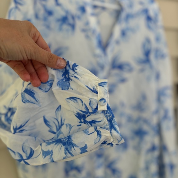 Zara Printed Cotton Blouse White with Blue Flowers, size Large - Picture 7 of 11